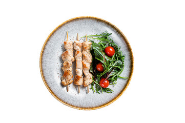 Chicken skewers souvlaki, grilled meat shish kebab skewers.  Isolated, transparent background.