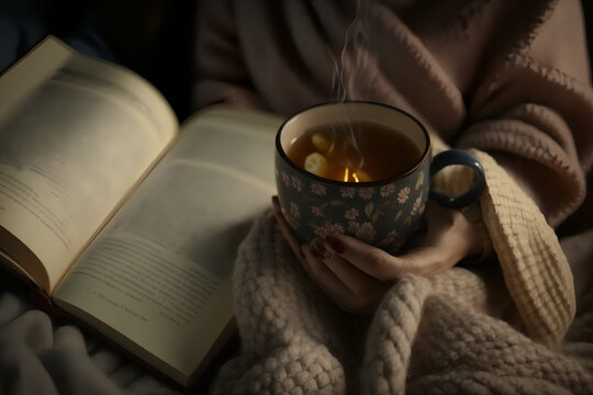 Hands holding a hot cup of tea, surrounded by a cozy blanket and a book. The steam from the tea creates a warm and comforting atmosphere. generative ai