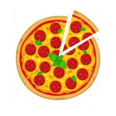 Appetizing vector pepperoni pizza with one piece cut off. Detailed illustration for menu, restaurant, cafe, pizzeria. Pizza with salami sausage, cheese, basil, tomato sauce.