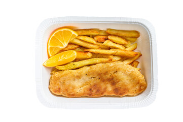 Takeaway box Fish and chips dish with french fries.  Isolated, transparent background.