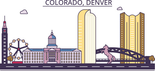 United States, Denver tourism landmarks, vector city travel illustration