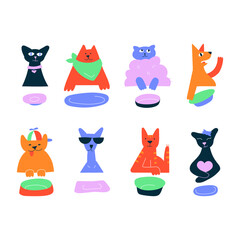 Pet feeding. Vector hand drawn set of funny hungry cats waiting for food. Collection of different cats with empty plates and bowls. A cool cat with glasses, a fat cat with a cap