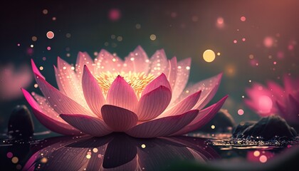 3D illustration of a pink lotus flower in water with sunshine. Generative Ai.
