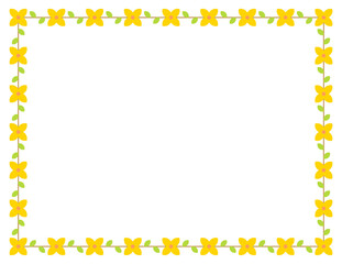 Spring season yellow forsythia flower concept design deco pattern border. Repeated lines of flowers and leaves.