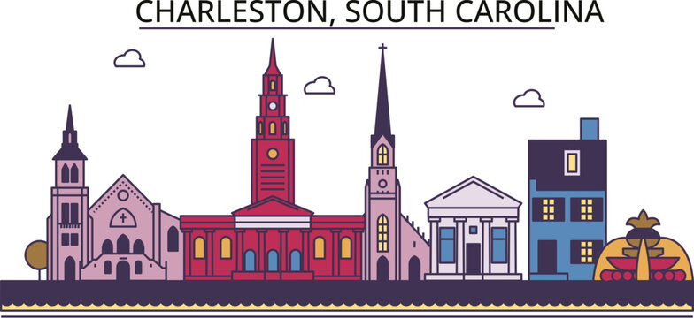 United States, Charleston South Carolina tourism landmarks, vector city travel illustration