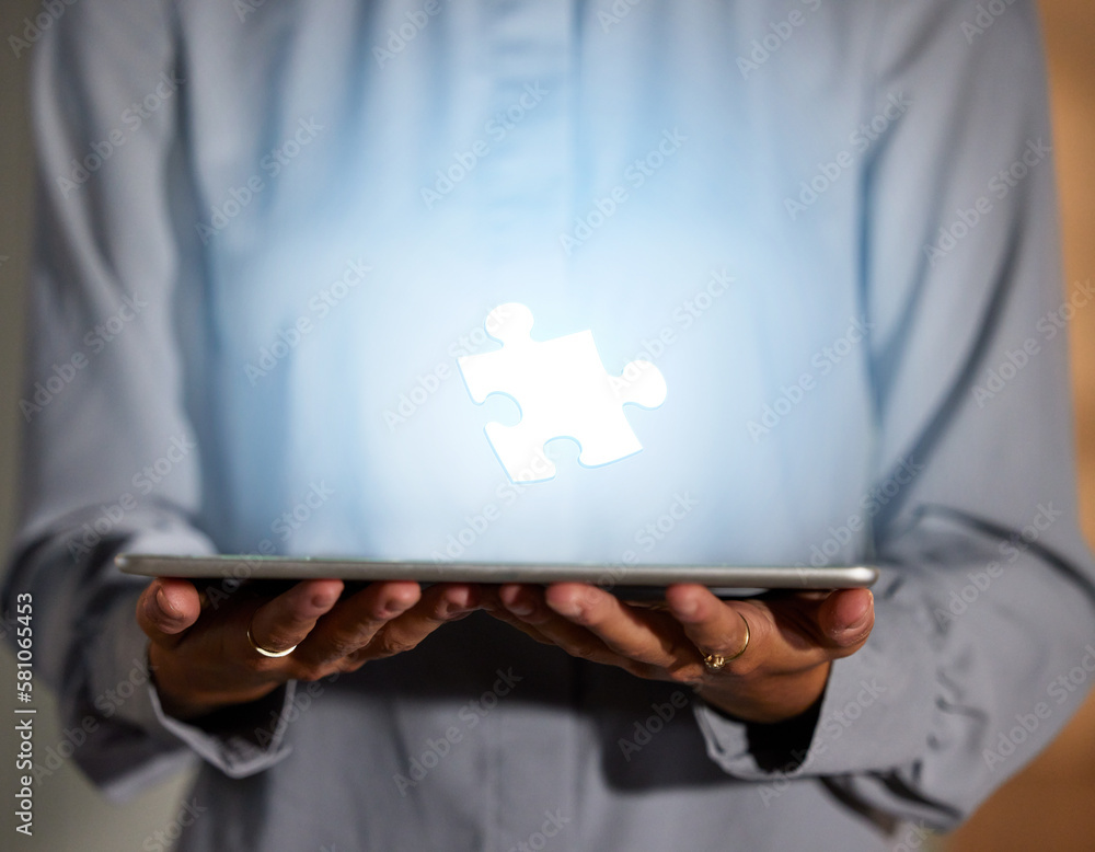Poster hands, tablet and 3d hologram of puzzle piece for planning, strategy or problem solving in technolog
