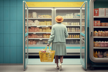 Generative AI Illustration of a woman walking through the aisles of a supermarket with her shopping cart looking for products. Pop vintage style in pastel colors. 50s style artwork