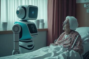 intelligent robot doing assistance and health care of elderly person in hospital. future medical support. generative ai