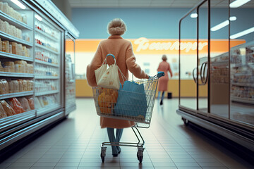 Generative AI Illustration of a woman walking through the aisles of a supermarket with her shopping cart looking for products. Pop vintage style in pastel colors. 50s style artwork - obrazy, fototapety, plakaty