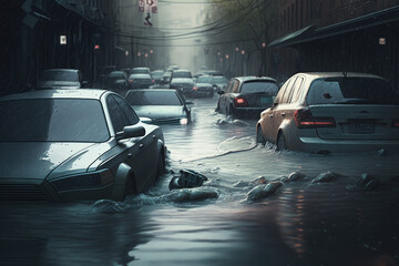 flood in street with cars. generative ai