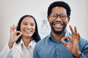 Perfect, ok and portrait of optometrist with sign or gesture for new glasses, vision and and eye care in a clinic. Medical, people and black man with healthcare professional accept with smile