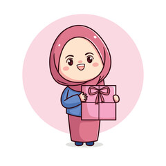 Cute hijab girl with gift kawaii chibi