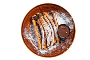 Spanish tapas churros with sugar and chocolate sauce.  Isolated, transparent background.