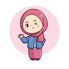 Cute hijab girl waving hand with blue and pink dress