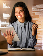 Woman, tablet and smile in celebration for analytics, corporate data or information success at...