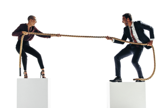 Corporate businesspeople battling in a tug of war on a transparent background - Powered by Adobe