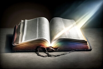 Young persons gathering around an open bible - generative ai.