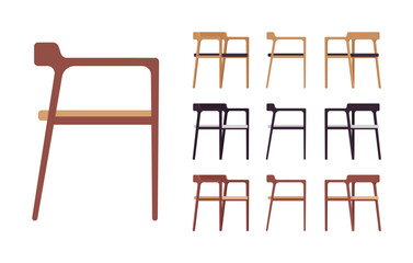 Dining wood chairs furniture big set. Cafe, outdoor restaurant seat, garden, balcony, living room, natural kitchen interior. Vector flat style cartoon home, office articles isolated, white background