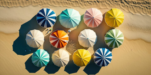 Beach umbrellas aligned on beach summer light aerial high angle view, blue water, generative AI