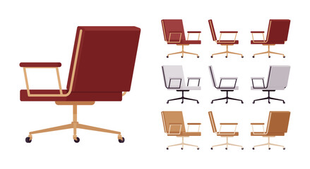 Desk rolling chair with armrest, meeting, executive furniture big set. Sitting comfort for working, resting, waiting. Vector flat style cartoon home, office articles isolated on white background