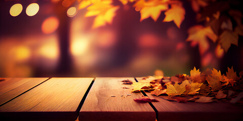 Naklejka na ściany i meble Autumn - Wooden Table With Orange Leaves At Sunset In Defocused