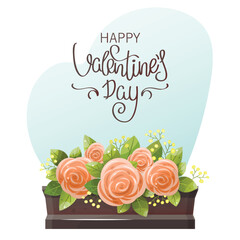 Vector card Happy Valentine's Day. Bouquet of delicate roses. Happy Valentine's Day inscription on a white background.