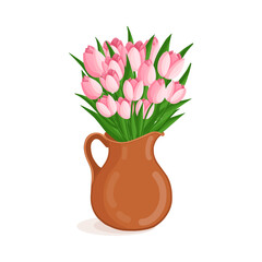 Pink bouquet of tulips flowers in a pitcher. Spring blooming vector illustration for women's day, mother's day, easter and other holidays. Floral isolated design for postcard, poster, ad, and other.
