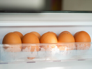 Closeup of eggs in refrigerator.