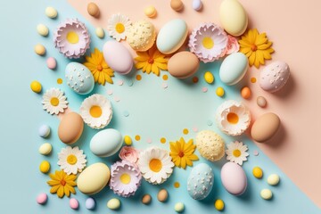 Obraz na płótnie Canvas Easter background. Eggs flowers in pastel colors as digital illustration (Generative AI)