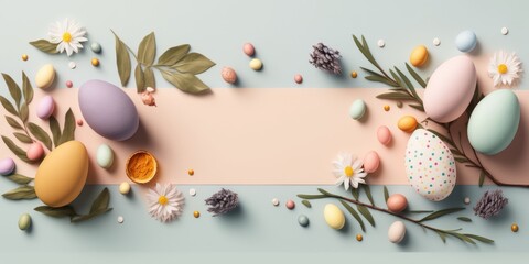 Naklejka na ściany i meble Easter background. Eggs flowers in pastel colors as digital illustration (Generative AI)