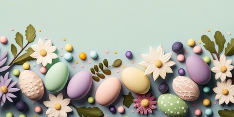 Fototapeta na wymiar Easter background. Eggs flowers in pastel colors as digital illustration (Generative AI)