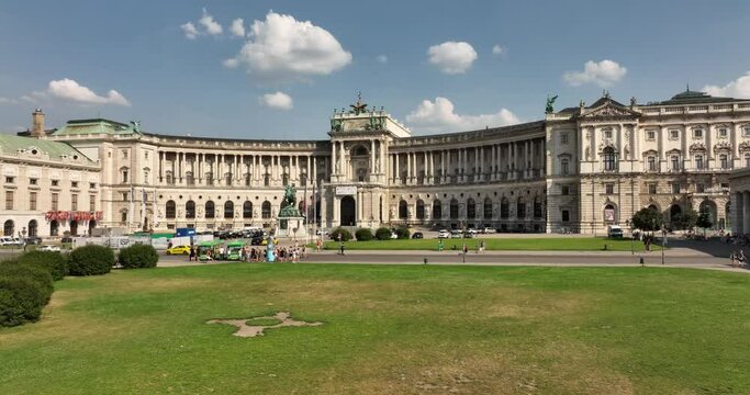 Vienna, Austria. Hofburg Palace. Prince Eugen. Flight over the city of Vienna. Aerial View of Imperial Palace Hofburg and Statue of Prince Eugene of Savoy, Vienna Wien, Austria.