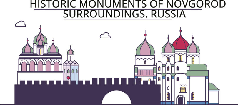 Russia, Novgorod tourism landmarks, vector city travel illustration