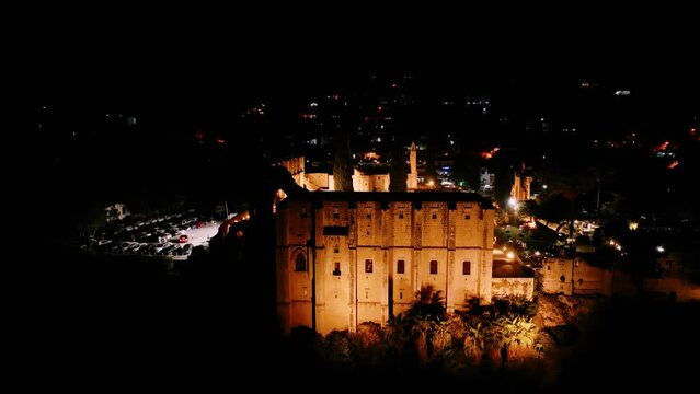 Bellapais Monastery aerial night view in Bellapais village, North Cyprus