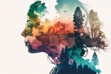 Abstract contemporary art collage portrait of young woman and colorful landscape, retro colors. - obrazy, fototapety, plakaty