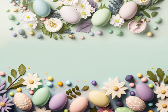 Easter background. Eggs flowers in pastel colors as digital illustration (Generative AI)