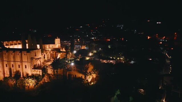 Bellapais Monastery aerial night view in Bellapais village, North Cyprus