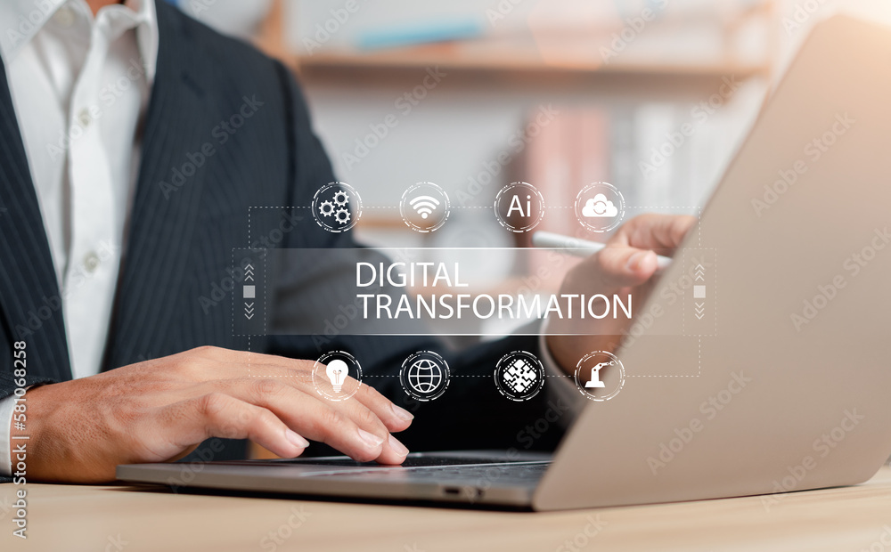 Aufkleber digital transformation technology strategy, business process digitization. global communication netw