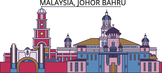 Malaysia, Johor Bahru tourism landmarks, vector city travel illustration