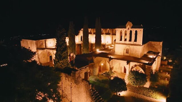 Bellapais Monastery aerial night view in Bellapais village, North Cyprus