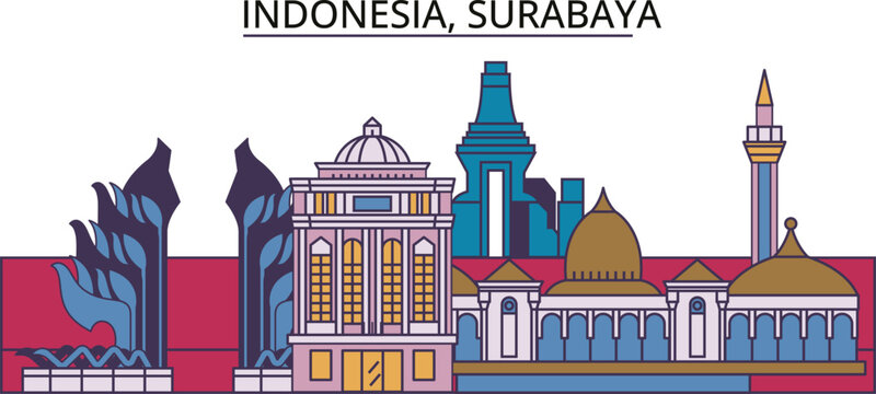 Indonesia, Surabaya tourism landmarks, vector city travel illustration