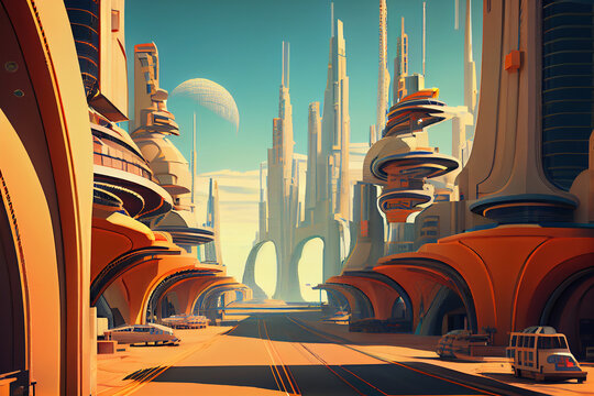 ciudad futurista generada por midjourney edificios con formas geom&eacute;tricas y redondeadas color naranja con cielo azul