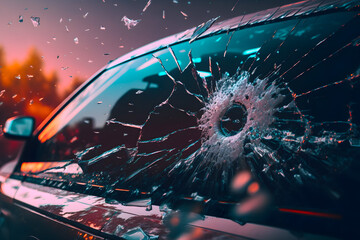 Broken windshield with hail holes, stormy weather. Car insurance. Generative AI - obrazy, fototapety, plakaty