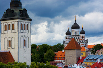 Panorama of the Old Town of Tallinn, Estonia. St Nicholas Church on the left, orthodox Alexander Nevsky Cathedral on the right.