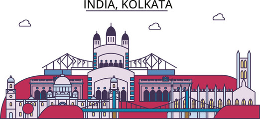 India, Kolkata tourism landmarks, vector city travel illustration