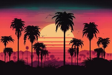 Fototapeta na wymiar Palm trees in front of a retro sunset as a digital illustration (Generative AI)