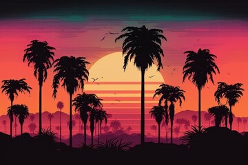 Palm trees in front of a retro sunset as a digital illustration (Generative AI)