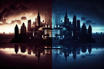 a night view of a cityscape with the good and evil represented by light and dark, respectively., created with generative ai - obrazy, fototapety, plakaty