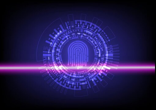 abstract background Security fingerprint scanning technology Verify your identity with a unique personal identity to prevent theft. There were tech circles spinning around and laser lights glowing.