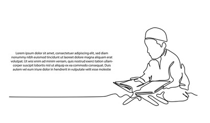 Continuous line design People praying. A muslim praying and reading Al Quran. Decorative elements drawn on a white background.